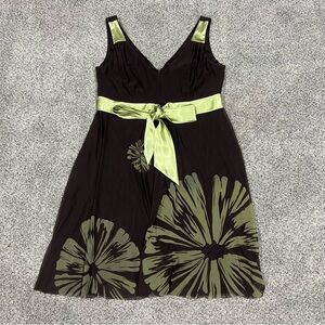 Y2K ChocoBrown Mesh Satin Green Bow Tie Mesh Sleeveless Mini Dress Women’s US 14